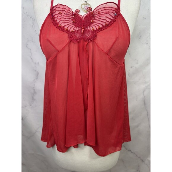 Y2K Rampage Babydoll Cami Top Red M Coquette Fairy gothic Butterfly Sheer Beaded - Picture 9 of 16